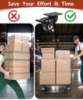 Two Inch Heavy Duty Caster Wheels Set Of Four With Brakes Locking Industrial Swivel Top Plate Casters For Furniture Workbenches And Carts Total Load 800 Lbs With 200 Lbs Per Wheel Quiet Smooth Rolling And Easy Mobility With Two Hardware Kits Included shown installed on a cart in a warehouse.