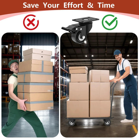Two Inch Heavy Duty Caster Wheels Set Of Four With Brakes Locking Industrial Swivel Top Plate Casters For Furniture Workbenches And Carts Total Load 800 Lbs With 200 Lbs Per Wheel Quiet Smooth Rolling And Easy Mobility With Two Hardware Kits Included shown installed on a cart in a warehouse.