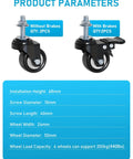 Two Inch Swivel Caster Wheels Set Of Four Heavy Duty 440 Lb Capacity Silent Noiseless Rolling With Polyurethane Wheels And M10x10 Screws Two Pack Locking Brakes Suitable For Indoor Carts Furniture And Utility Trolleys shown with product specifications.