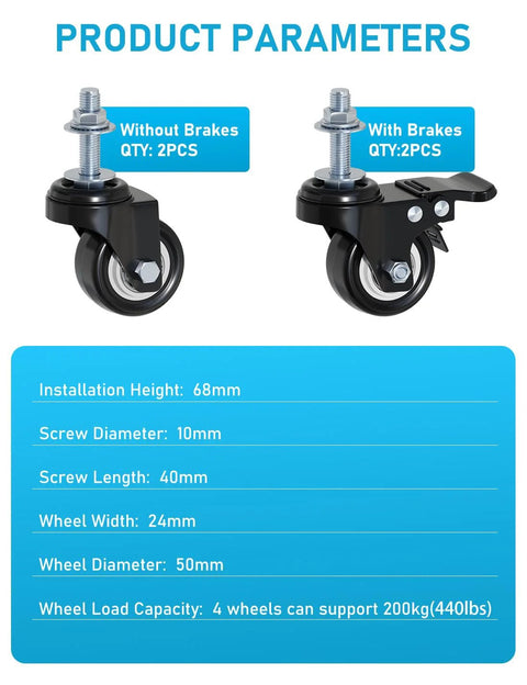 Two Inch Swivel Caster Wheels Set Of Four Heavy Duty 440 Lb Capacity Silent Noiseless Rolling With Polyurethane Wheels And M10x10 Screws Two Pack Locking Brakes Suitable For Indoor Carts Furniture And Utility Trolleys shown with product specifications.