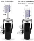 Set of four caster wheels for organization and storage shelving with universal thread converters for one quarter inch and three eighths inch.