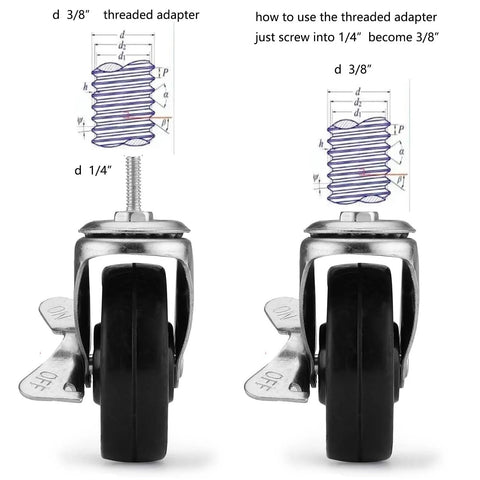 Set of four caster wheels for organization and storage shelving with universal thread converters for one quarter inch and three eighths inch.