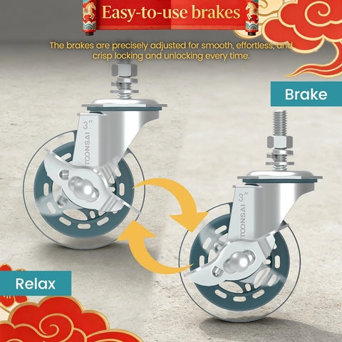 Two Three Inch Caster Wheels Set Of Four With Threaded Stem showcasing easy-to-use brake and relax positions