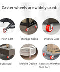 Heavy Duty 1.5 Inch Caster Wheels in use on push cart, storage racks, display case, furniture, mobile device, logistics tool cart