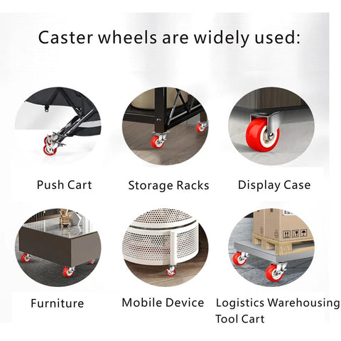 Heavy Duty 1.5 Inch Caster Wheels in use on push cart, storage racks, display case, furniture, mobile device, logistics tool cart