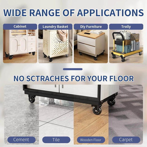 4 Inch Side Mount Plate Caster Wheels L Shaped Heavy Duty Set of 4 with Brake shown on various floor types and applications