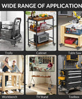 Wide range of application for 3 Inch Heavy Duty Caster Wheels Set Of 4 With Threaded Stem For Furniture And Workbenches Half Inch Diameter And 13 Threads Per Inch Locking Casters Non Marking PU Wheels Smooth Rolling Industrial Castors Each Up To 400 Pounds, shown on trolley, cabinet, table saw, workbench, TV stand, and toolbox.