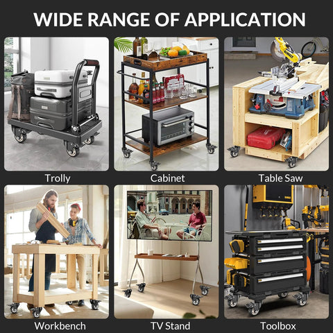 Wide range of application for 3 Inch Heavy Duty Caster Wheels Set Of 4 With Threaded Stem For Furniture And Workbenches Half Inch Diameter And 13 Threads Per Inch Locking Casters Non Marking PU Wheels Smooth Rolling Industrial Castors Each Up To 400 Pounds, shown on trolley, cabinet, table saw, workbench, TV stand, and toolbox.