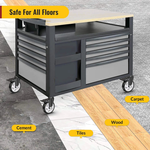 Tool cart on various floor types with 5 Inch Total Locking Stem Caster Wheels Set of 4 Heavy Duty Swivel Castors with 3/8 Inch Threaded Stem.