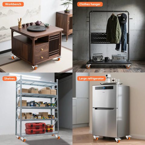 Various furniture and appliances on Five Inch Caster Wheels Set Of Four With Two Swivel Casters With Brakes And Two Rigid Casters.