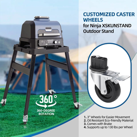 Outdoor grill stand with 3 inch caster wheels for Ninja XSKUNSTAND featuring brakes and 360-degree swivel, ideal for mobility.