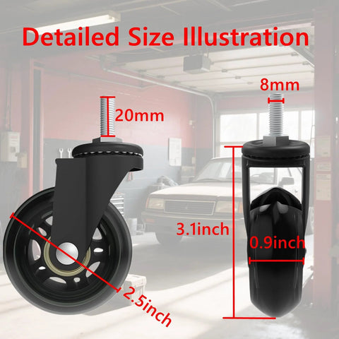2.5 Inch Caster Wheels Set Of 6 For Creeper And Mechanic Stool Heavy Duty Rubber Rolling Casters, size illustration in garage