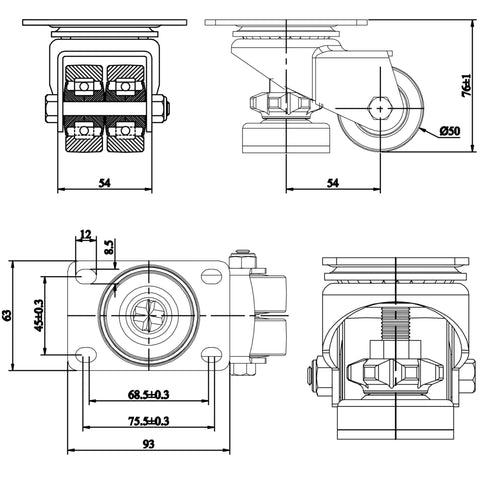 Technical schematic of Leveling Casters Set Of 4 Heavy Duty Retractable Wheels Low Profile 80F Swivel Workbench Castors 4200 Lbs