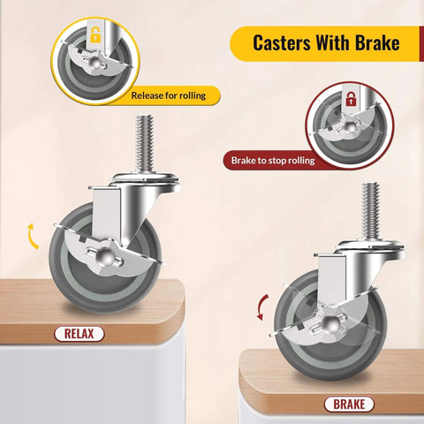 3 Inch Locking Swivel Caster Wheels Set of 12 with Threaded Stem 3/8-16 x 1-1/2 Inch showing brake and release mechanisms.