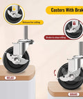 3 Inch Locking Swivel Caster Wheels Set of 12 with Threaded Stem 3/8-16 x 1-1/2 Inch, side brake feature illustration.