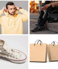 Collage of a man in a yellow hoodie, studded shoes with black bag, white high-top sneaker, and two brown shopping bags.