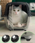 White cat sitting inside a pet carrier with additional carrier wheels shown