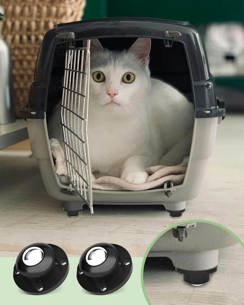 White cat sitting inside a pet carrier with additional carrier wheels shown