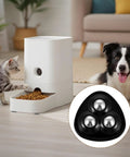 Pet food dispenser with white container and attached black adhesive caster wheels, 360 swivel, for easy installation.