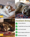Comparison of a cat before and after laying on a floor with text about adhesive strength and tape features.