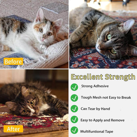 Comparison of a cat before and after laying on a floor with text about adhesive strength and tape features.