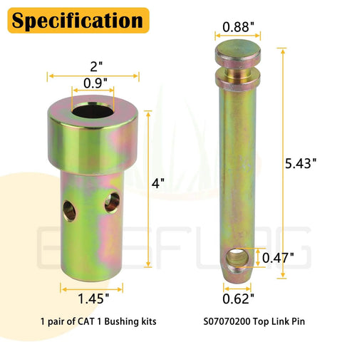 Two Pack Cat 1 Quick Hitch Adapter Bushing Kit For Category I 3-Point Tractors Include 5-1/2 Inch Top-Link Pin and Heavy-Duty Lynch Pin, dimensions illustrated.