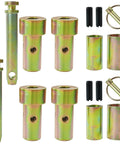 Two Pack CAT 1 Quick Hitch Adapter Bushing Kit With Top Link Pin And Lynch Pin For Category 1 3 Point Hitches And Tractors Tough As Nails Heavy Duty Replacement Set Built To Handle Routine Farm Tasks And Attachments, showing metal bushings and pins.