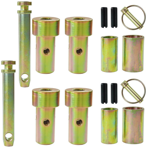 Two Pack CAT 1 Quick Hitch Adapter Bushing Kit With Top Link Pin And Lynch Pin For Category 1 3 Point Hitches And Tractors Tough As Nails Heavy Duty Replacement Set Built To Handle Routine Farm Tasks And Attachments, showing metal bushings and pins.