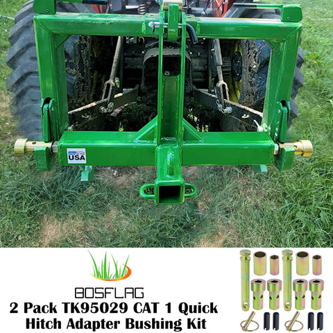 Two Pack Cat 1 Quick Hitch Adapter Bushing Kit For Category I 3-Point Tractors Include 5-1/2 Inch Top-Link Pin and Heavy-Duty Lynch Pin with Ring Replaces S14114400 and S14114200, shown installed on tractor hitch.
