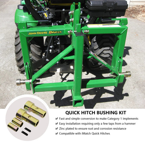 Category 1 Quick Hitch Bushings Kit for Easy Quick Hitch Conversions on John Deere tractor, compatible with iMatch hitches.