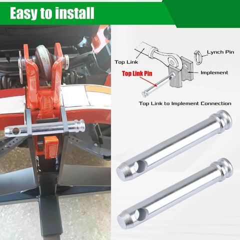 Cat 1 Tractor Top Link Pin Hitch Replacement Fits 195589M1 AC339942 Three Quarter Inch Pin Diameter Three And Three Quarter Inch Usable Length Five And A Half Inch Overall Length Durable Four Pack with illustration of installation and two pins displayed.