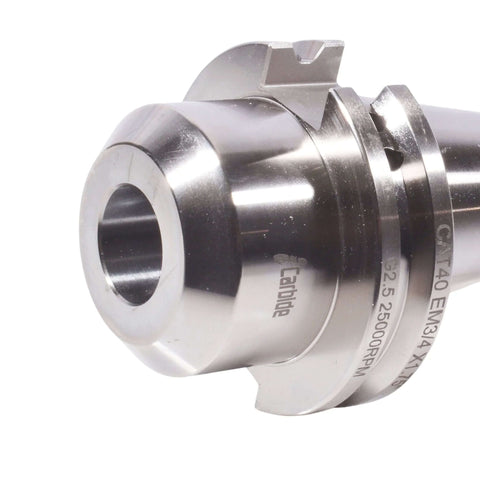 Side Lock Weldon Style CAT40 End Mill Holder 1.75 Inch Length EM3/4 For Precision Milling, 0.0002 Inch TIR, 25,000 RPM, 0.005 MM Runout, Pro Grade Carbon Steel, Made In USA, Precision Ground, close-up view