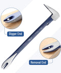 Cat's paw nail puller showing digger and removal ends, two durable cat's paw nail pullers deliver strong leverage for removing nails, tacks, and staples from wood, flooring, and furniture; includes 8 inch and 12 inch bars with comfortable red grips for smooth, efficient demolition and woodworking tasks.