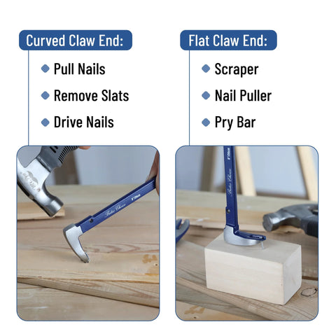 Two durable cat's paw nail pullers deliver strong leverage for removing nails, tacks, staples; close-up of curved and flat claw ends.