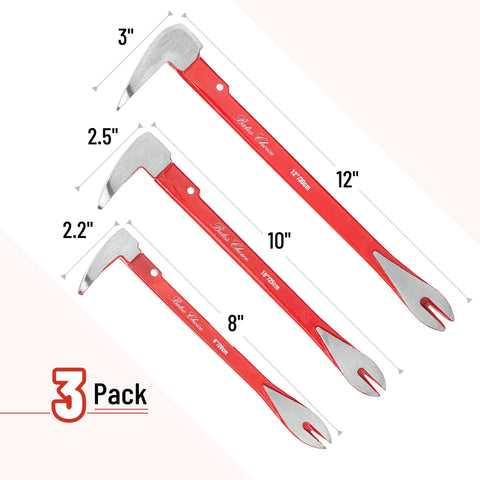 Cat's Paw Nail Puller Set Three Piece Pry Bar Kit Includes 8 Inch 10 Inch And 12 Inch Nail Removers With Red Coated Grips