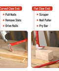 Image showing Cat's Paw Nail Puller Set Three Piece Pry Bar Kit with red grips illustrating curved and flat claw ends in use.