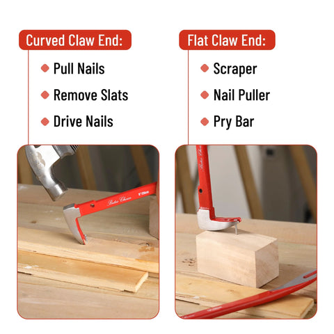 Image showing Cat's Paw Nail Puller Set Three Piece Pry Bar Kit with red grips illustrating curved and flat claw ends in use.