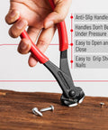 Hand using Cats Paw Style Nail Puller And Remover End Cutting Pliers For Carpentry 7 Inch High Carbon Steel with Soft Grip for nail removal