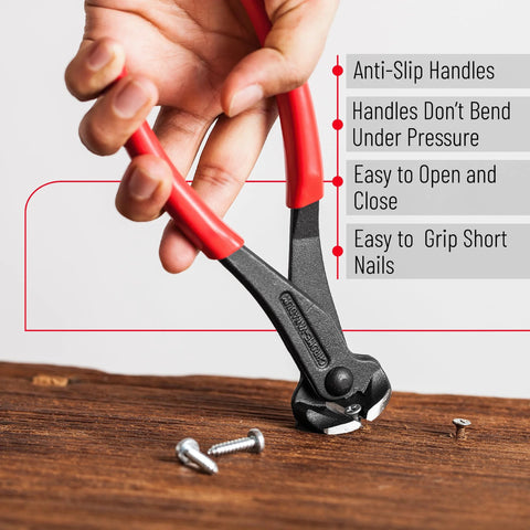 Hand using Cats Paw Style Nail Puller And Remover End Cutting Pliers For Carpentry 7 Inch High Carbon Steel with Soft Grip for nail removal