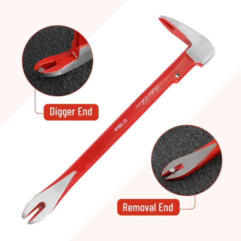Close-up of a Cat's Paw Nail Puller Set Three Piece Pry Bar Kit Includes 8 Inch 10 Inch and 12 Inch Nail Removers with red coated grips