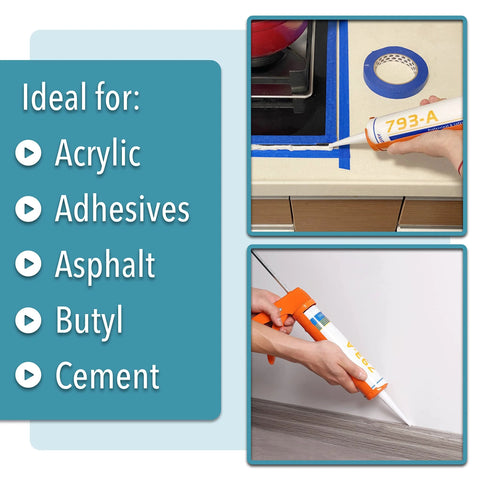 Caulking Gun With Ten To One Thrust Ratio No Drip Design For Precise Bead Control shown sealing surfaces with silicone, acrylic, adhesives.