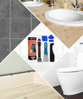 Caulking Tool Kit With Caulk Remover, Putty Knife Scrapers And Grout Removal Set Featuring 3 Glass Glue Corner Scrapers in kitchen and bathroom settings.