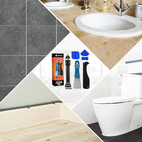 Caulking Tool Kit With Caulk Remover, Putty Knife Scrapers And Grout Removal Set Featuring 3 Glass Glue Corner Scrapers in kitchen and bathroom settings.