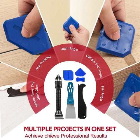 Caulking Tool Kit With Caulk Remover, Putty Knife Scrapers And Grout Removal Set featuring scrapers with stainless steel heads demonstrated.