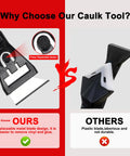 Comparison chart highlighting the features of a caulking tool with metal blade versus plastic blade for kitchen and bathroom use.