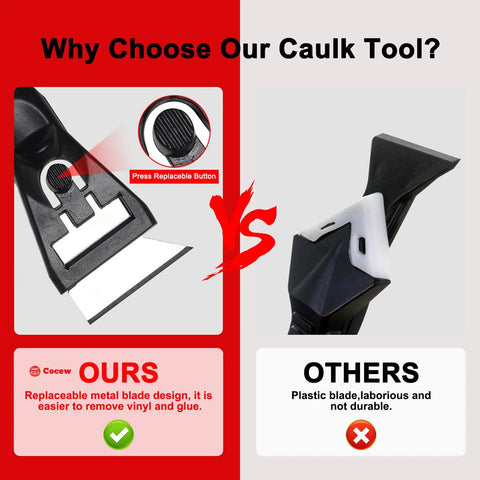 Comparison chart highlighting the features of a caulking tool with metal blade versus plastic blade for kitchen and bathroom use.