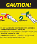 CAUTION sign showing locked and unlocked nozzle positions for TERA PUMP Electric Transfer Drum Pump for 55 Gallon Drums up to 275 Gallon IBC Totes
