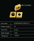 Indexable Lathe Tool Holder Set For Turning Milling And Boring, 14 Piece Set With 3/8 Inch Shank 10mm, Includes 12 Carbide Inserts CCMT21.51 DCMT21.51 And 2 Boring Bar Holders With Wrench, 40CrMo Steel Black Oxide. Image shows detailed view of CCMT21.51 carbide inserts with specifications and dimensions.