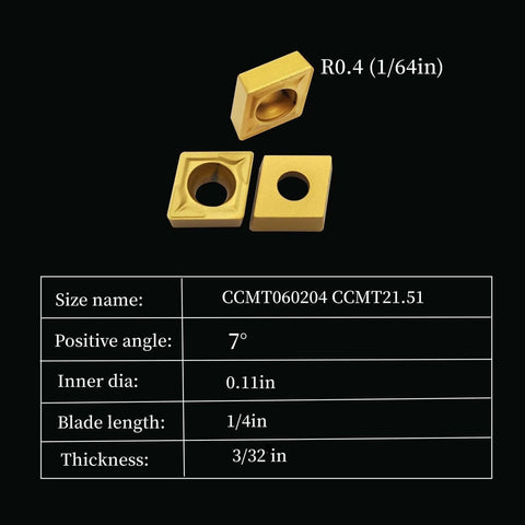 Indexable Lathe Tool Holder Set For Turning Milling And Boring, 14 Piece Set With 3/8 Inch Shank 10mm, Includes 12 Carbide Inserts CCMT21.51 DCMT21.51 And 2 Boring Bar Holders With Wrench, 40CrMo Steel Black Oxide. Image shows detailed view of CCMT21.51 carbide inserts with specifications and dimensions.
