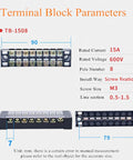 Universal Waterproof CCTV Camera Enclosure Box With ABS Construction IP66, terminal block specs shown, rated 15A, 8 poles.